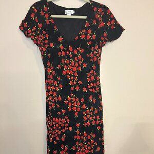 CDC Vintage 90s Black Red Floral Evening Dress Sz 10 Short Sleeves Lined